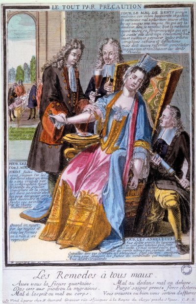 Médecine : « tout par précaution » Caricature représentant trois médecins entourant une jeune femme évanouie et offrant toutes sortes de traitements et remèdes. - Unknown artist