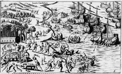 Rencontre entre les gens de Christophe Colomb et les Cannibales - dans « Nova Tipus Transacto Navigatio Novi Orbi » par Philoponus Honorius - Unknown artist