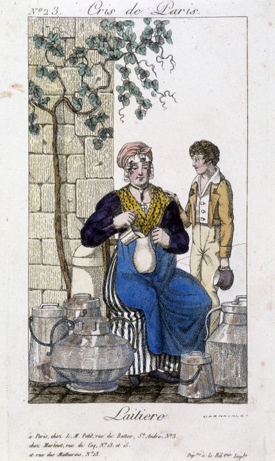 Laitière versant du lait dans une bouteille pour un jeune homme - dans « Cris de Paris », début 19ème siècle - Unknown artist
