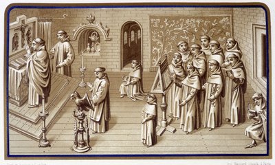 Moines dans une chapelle du monastère : prière et chœur. Grisaille des Miracles de Notre-Dame. Chromolithographie. 19ème siècle - Unknown artist