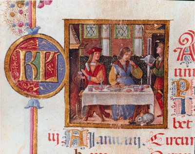 Mois de janvier : scène de banquet. Miniature du Bréviaire d