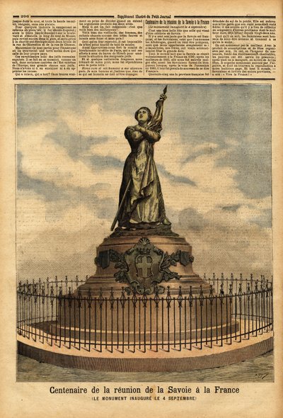 Monument commémorant le centenaire du rattachement de la Savoie à la France (1792), par le sculpteur Falguière, inauguré le 4 septembre. Gravure dans « Le petit journal » 10/10/1892. Collection Selva. - Unknown artist