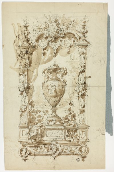 Vase monumental dans un cadre ornemental (recto) ; Esquisse d