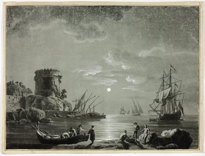 Scène au clair de lune dans un port de pêche - Unknown artist