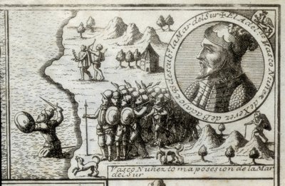 NUNEZ DE BALBOA, Vasco (1475-1517). Découvreur et conquérant anglais. Espagne. Colonisation espagnole (1513). Vasco Nunez prenant possession de la mer du Sud. Image de 1728. Gravure. - Unknown artist