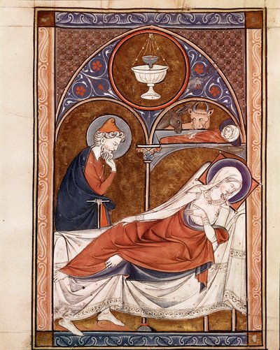 Nativité : la Vierge Marie est représentée ici allongée sur un lit Page tirée du manuscrit Psalterium Cum Calendario 13ème siècle Padoue, bibliothèque du séminaire - Unknown artist