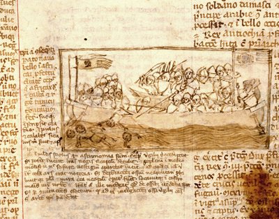 Bataille navale entre Sarrasins et Croisés en 1120. Selon le manuscrit "Peregrinationem in terram sanctam" du 12ème siècle. Marciana, Venise - Unknown artist