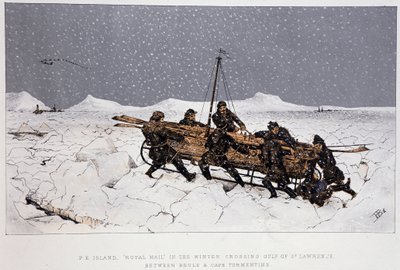 Près de la rivière, Golfe du Saint-Laurent : bateau sur un traîneau, près de Brule et du Cap Tormentin - dans "Sketches of canadian sports and pastimes" de Lieut. Henry Buckton Laurence - Unknown artist