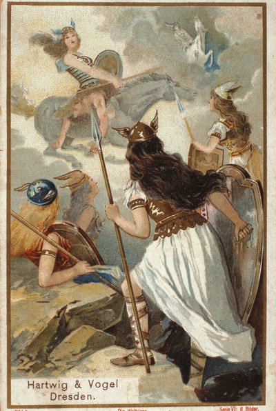 Mythologie nordique : Les Walkyries (vierges guerrières) à Valholl (ou Walhalla, Valhalla, Valhalle : lieu où sont amenés les guerriers courageux) et la chute des guerriers au combat. Chromolithographie du 19e siècle - Unknown artist