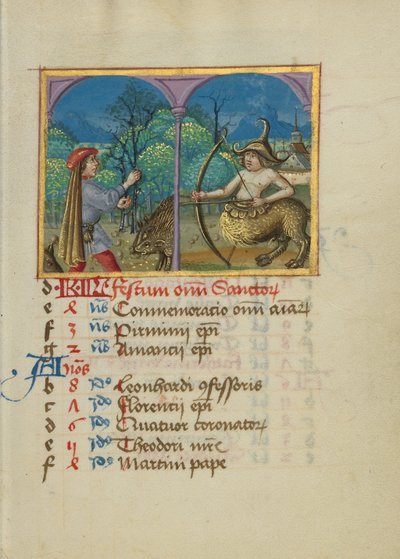 Page du calendrier de novembre ; Récolter des glands pour les cochons ; Sagittaire - Unknown artist