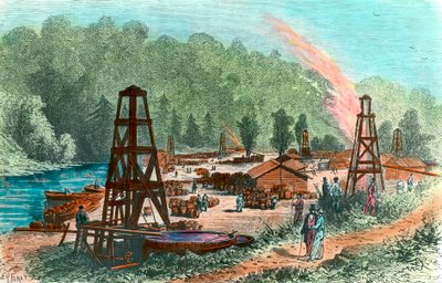 Puits de pétrole à Tarr Farm en Pennsylvanie, USA. Gravure du XIXe siècle. Collection privée - Unknown artist