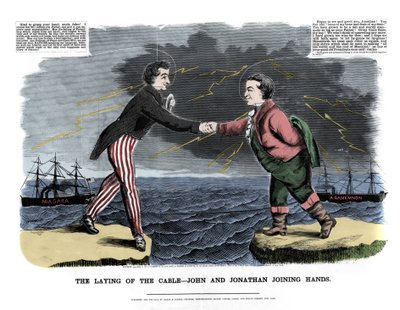 Le 17/08/1858, le premier message transatlantique a été échangé : deux figures allégoriques représentant John (Angleterre) et Jonathan (États-Unis) se félicitent pour le succès du câble sous-marin entre l