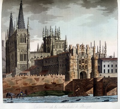 Extérieur de la cathédrale gothique de Sainte-Marie à Burgos en Espagne. Lithographie du 19ème siècle - Unknown artist