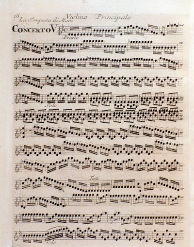 Page de la partition musicale du concerto V dans Il cimento dell