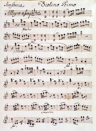 Page de la partition pour le premier violon de la Symphonie n. 4 en ré, par Mozart (1765) - Unknown artist