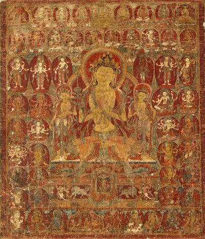 Bannière peinte (Thangka) du Bodhisattva Manjushri avec Vajrapani (à droite) et Padmapani (à gauche) - Unknown artist