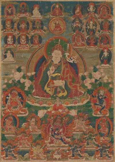 Bannière peinte (Thangka) du Sage Guru Padmasambhava assis tenant un éclair (Vajra) et une coupe crânienne (Kapala) - Unknown artist