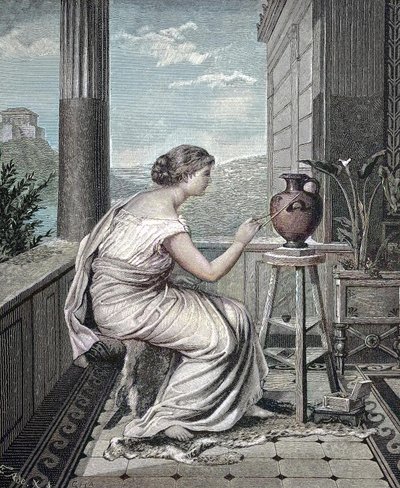 Peintre, artiste, jeune femme grecque peignant un vase, reproduction numérique d