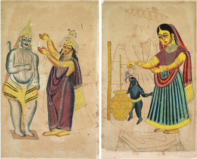 Parvati plaçant une guirlande de mariage sur Shiva (recto); Yasoda barattant du beurre (verso) - Unknown artist