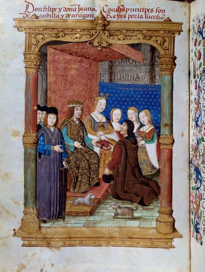 Pedro Marcuello présentant son livre au roi Philippe Ier de Habsbourg dit le Beau et à la reine Jeanne Ire la Folle de Castille. Miniature dans « Devocionario de la Reyna Da Juana a Quien Llamaron la Loca » - Unknown artist