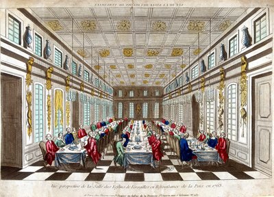Vue perspective de la Salle des Festins de Versailles en célébration de la paix en 1763 entre la Grande-Bretagne, la France et l