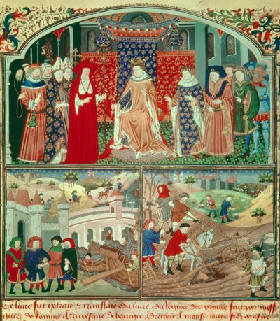 Philippe le Bel trônant (1268-1314) avec scène de labour et scène de marchand. Miniature dans « Livre du régime des princes » par Gilles de Rome (v.1247-1316), Paris, B N - Unknown artist
