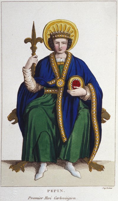 Portrait de Pépin le Bref (v. 714 - 768), roi des Francs, premier Carolingien. Gravure de 1830 - Unknown artist