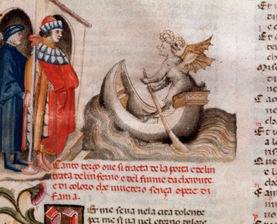 Portrait du poète italien Dante Alighieri regardant Charon son bateau traversant l