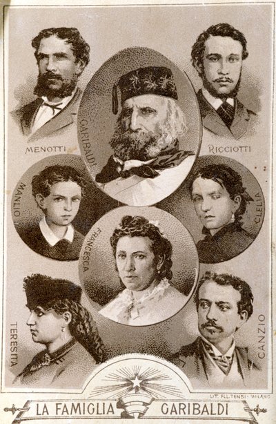 Portrait du patriote italien Giuseppe Garibaldi (1807-1882) et des membres de sa famille: Menotti, Ricciotti et Teresita, fils d