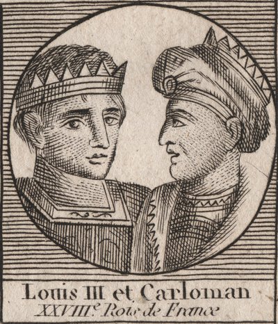 Portraits de Louis III (863/65-882) roi des Francs entre 879 et 882 et Carloman II (866-884), roi des Francs de 879 à 884 - Louis III roi de Francie occidentale et Carloman II, roi de Francie occidentale - gravure de « Instruction sur l