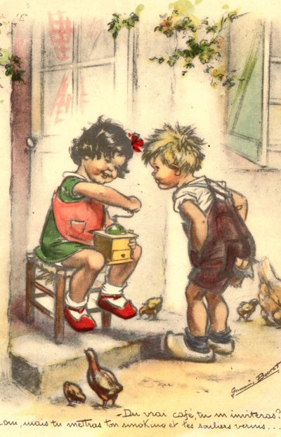 Carte postale, kitsch, deux enfants avec un moulin à café, fille et garçon - Unknown artist