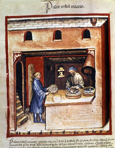 Préparation de poissons marins au vinaigre. Enluminure du « Tacuinum sanitatis » - Unknown artist
