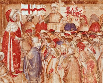 Présentation du drapeau militaire à un prince de la famille des Carraresi, seigneurs de la ville de Padoue. Miniature tirée de "Chronica Carrariensibus" (Chroniques de la famille des Carraresi) 14ème siècle Biblioteca Capitolare, Padoue - Unknown artist
