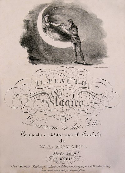 Le prince Tamino reçoit la flûte enchantée de la Reine de la Nuit, illustration de couverture du livre de partition de « La flûte enchantée » (Die Zauberflöte) (1791) de W.A. Mozart (1756-1792). Collection Leonard de Selva. - Unknown artist
