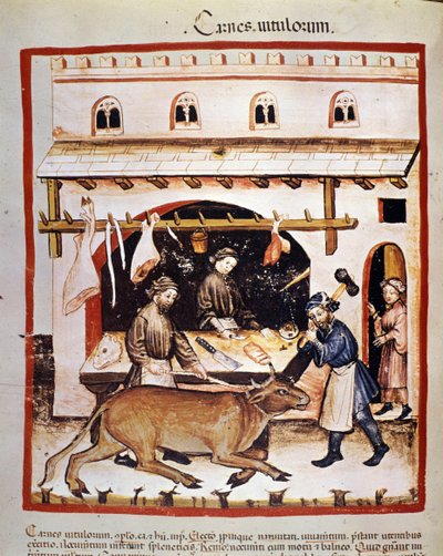 Production et vente (boucherie) de bœuf : un bœuf est étourdi. Enluminure du "Tacuinum sanitatis" - Unknown artist