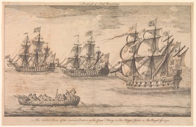 Progrès de la construction navale. 1. Le bateau en osier des anciens Bretons 2. Le Great Harry 3. Le Royal James 4. Le Royal George - Unknown artist