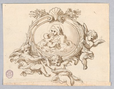 Projet : Trois anges volants soutenant un large cadre ovale avec la représentation de la Vierge à l