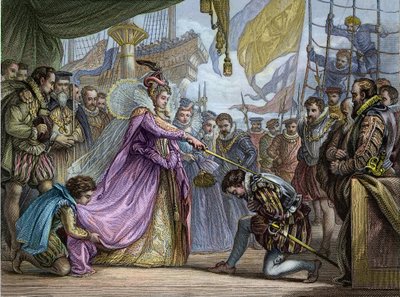 La reine Élisabeth I (1530-1603) adoubant Francis Drake (1540-96) - Adoucissement par Francis Drake (1540-1596) - Unknown artist
