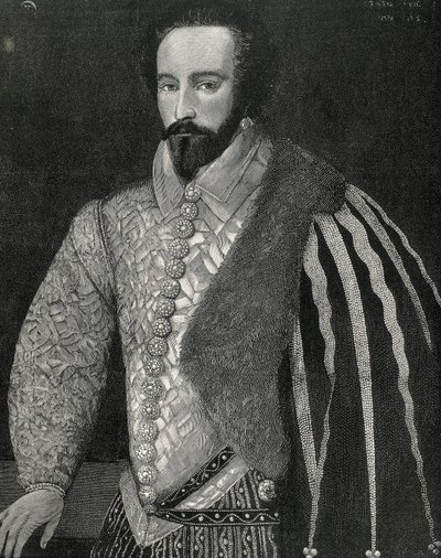 Raleigh, Sir Walter (1554-1618). Marin, explorateur et courtier anglais. Portrait de Sir Walter Raleigh. Gravé en 1891, exécuté d