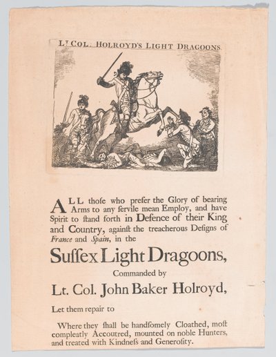 Affiche de recrutement pour les Dragons légers du lieutenant-colonel Holroyd, vers 1780 - Unknown artist