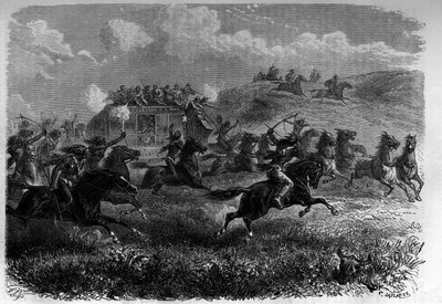 Cavaliers peaux-rouges attaquant une diligence dans la prairie. Gravure dans « Le Journal de la Jeunesse ». - Unknown artist