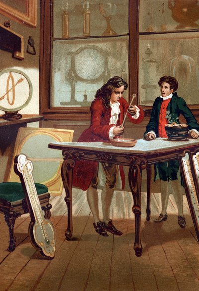 René Antoine Ferchault de Réaumur (1683-1757), chimiste et physicien français, construisant son thermomètre en 1730. D