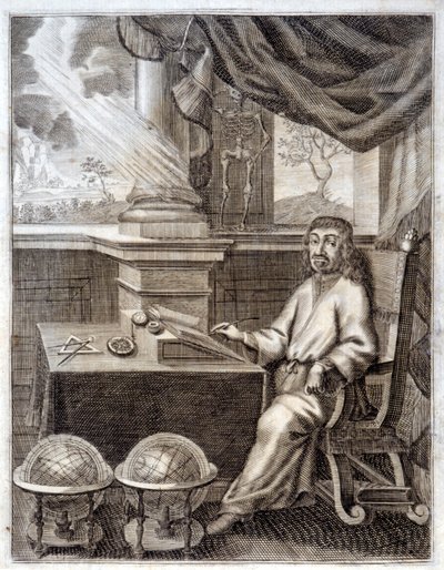 René Descartes (1596 - 1650) dans son bureau avec du matériel scientifique. Gravure du 17ème siècle - Unknown artist