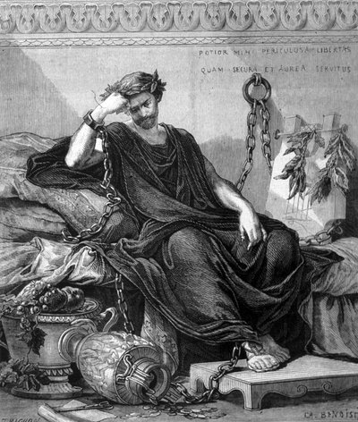 Représentation de Damoclès enchaîné parmi les victuailles du festin pendant lequel Denys l