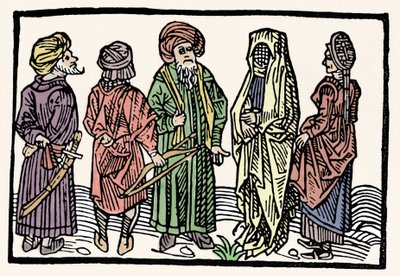 Représentation du sarrasin. Hommes avec des bras aux têtes entrelacées et femmes voilées. Xylographie du 15ème siècle - Unknown artist