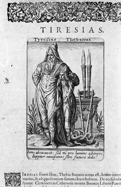 Représentation du devin grec de Thèbes Tirésias. Planche de 
