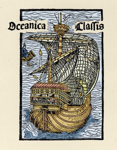 Représentation de la caravelle Santa Maria par Christophe Colomb (1451-1506). Gravure de « De insulis in mare Indico super inventis », Bâle 1493-1494 (traduction latine du rapport de Colomb au roi d