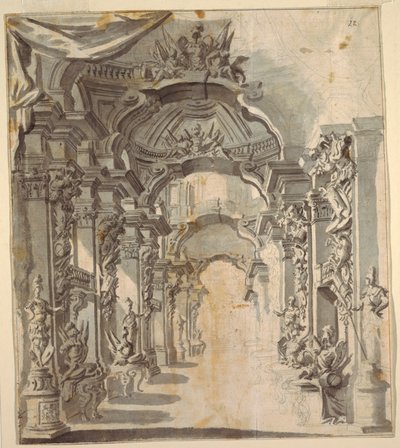 Galerie richement décorée (avec trophées sur piédestaux) - Unknown artist