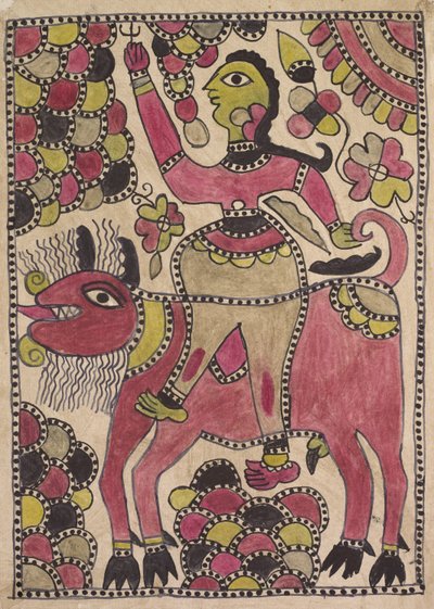 Cavalier et créature bovine à quatre pattes dans une palette mauve, chartreuse et noire - Unknown artist