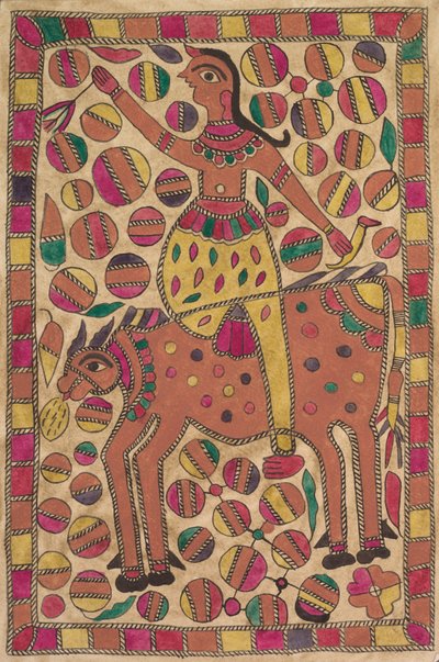 Cavalier et créature bovine à quatre pattes avec bordure de carrés colorés - Unknown artist